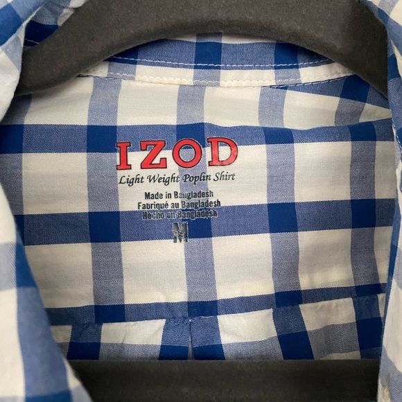 IZOD Lightweight Poplin Blue White Checkered Print Button Down Shirt Mens Medium - Picture 4 of 7
